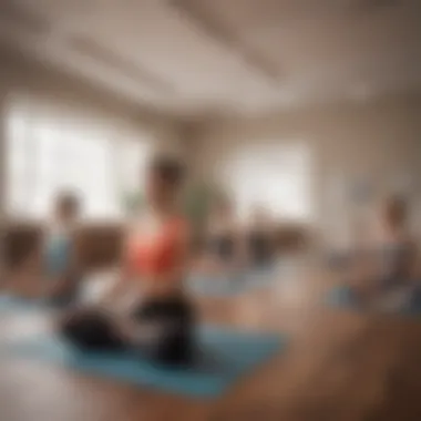 A vibrant group of individuals participating in a dynamic yoga class, emphasizing mindfulness and relaxation.