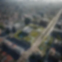 Aerial view of a city with green rooftops and solar panels