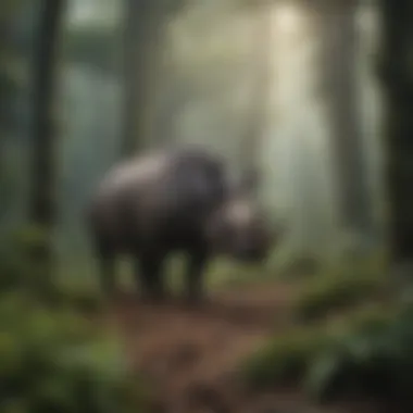 A solitary Sumatran rhinoceros in a lush rainforest habitat.