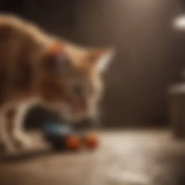 A cat displaying playful behavior with a toy