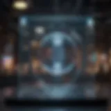 A futuristic holographic display showcasing 3D models