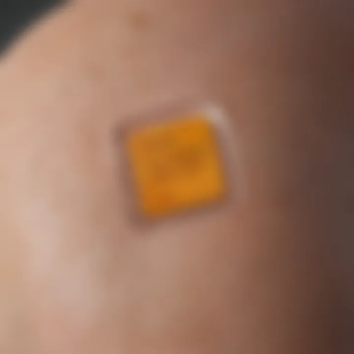 Close-up view of a glucose patch monitor on a skin surface