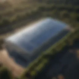 Aerial view of a modern greenhouse with solar panels