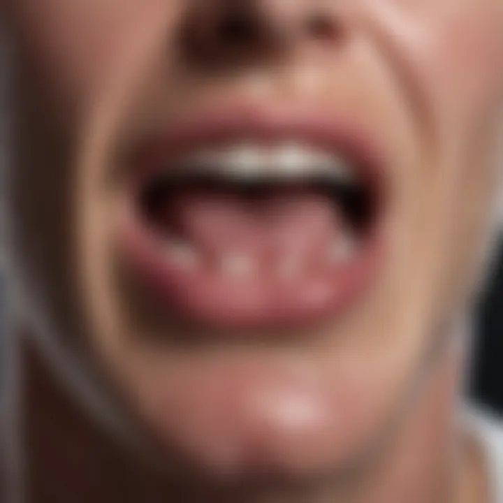 Close-up view of a mouth ulcer showing inflammation and discomfort.