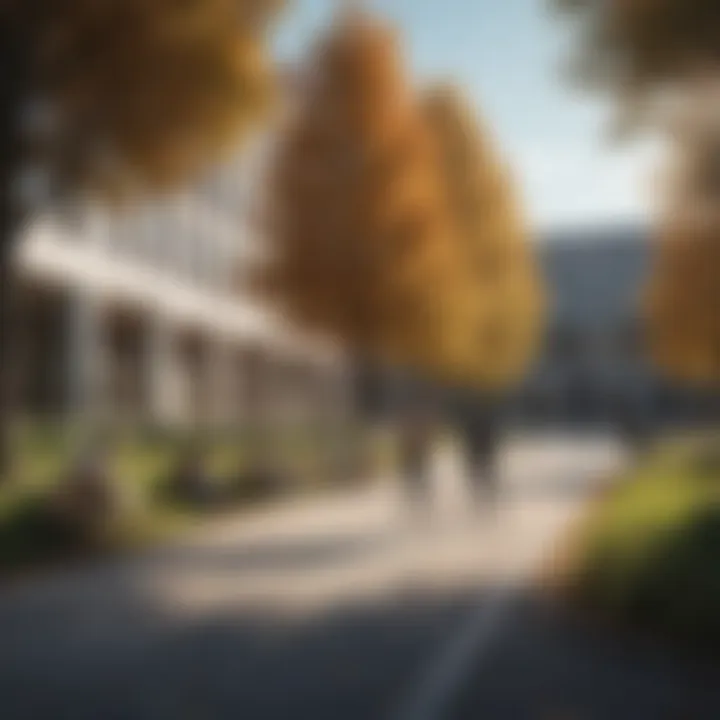 A serene campus landscape with students studying outdoors