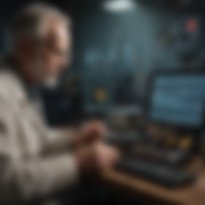 A user analyzing data from a Geiger counter while discussing its applications.