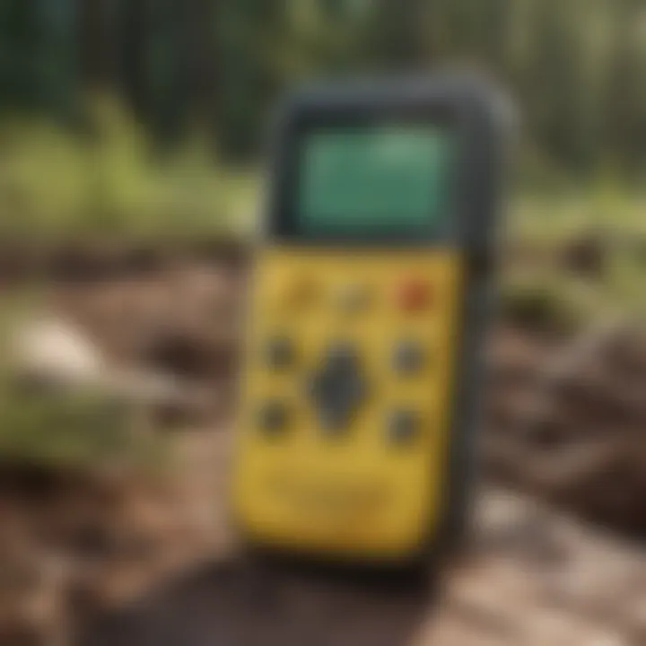 Close-up of a handheld Geiger counter displaying radiation readings outdoors.