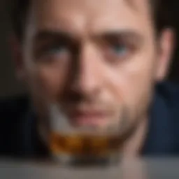 A somber reflection of an individual staring into a glass of alcohol, symbolizing inner turmoil.