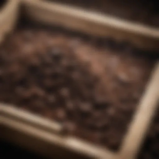 A close-up view of dried coffee grounds in a rustic container