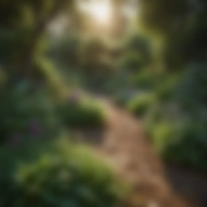 A serene garden setting with various herbs growing in abundance.
