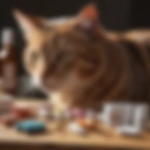 A variety of medications used for treating cat allergies displayed on a wooden table.