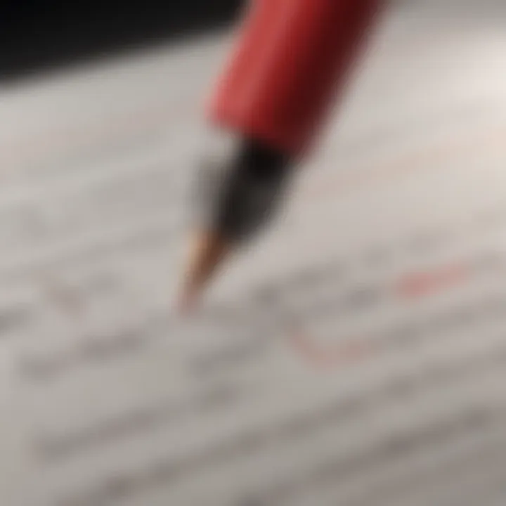 Close-up of a red pen marking corrections on a thesis manuscript