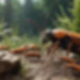 A close-up of a diverse insect community in a natural habitat, showcasing their ecological interactions.