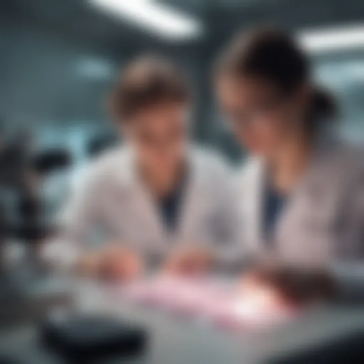 Research team examining breast cancer slides in a laboratory setting