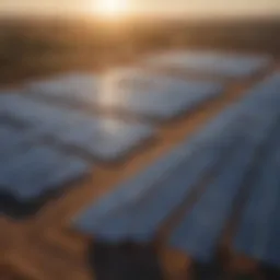 A solar farm with panels reflecting sunlight, signifying renewable energy solutions.