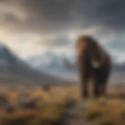 Conceptual illustration of a living woolly mammoth in a modern landscape