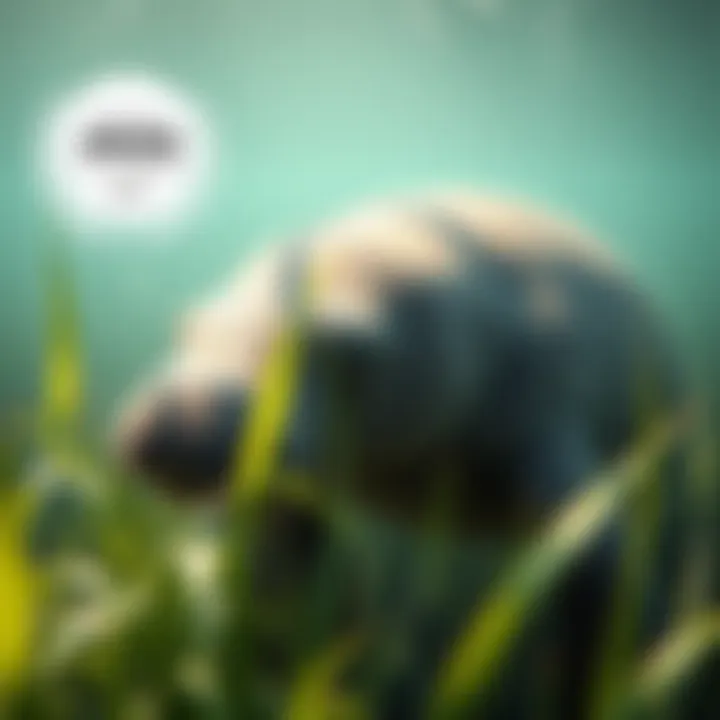 A manatee grazing on seagrass in a lush underwater habitat.