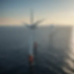 Aerial view of a sprawling offshore wind farm with turbines in the ocean