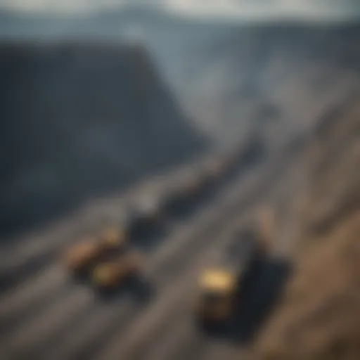 Aerial view of coal mining operations showcasing large machinery and landscape disruption.