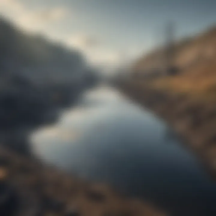 Polluted river water adjacent to coal mining sites indicating water quality degradation.