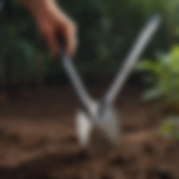 Close-up of a specialized transplanting spade in use, highlighting its ergonomic features and effective design.