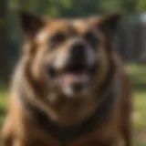 A dog displaying aggressive behavior in a park setting, showcasing body language signals.