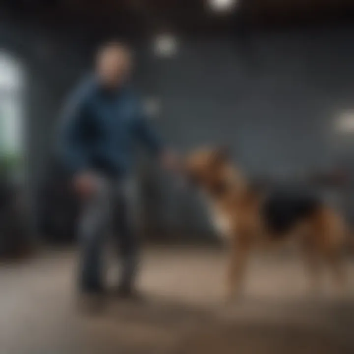 A trainer working with a dog using positive reinforcement techniques to curb aggressive behavior.