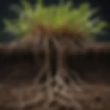 Root Interactions with Fertilizers A visual representation of plant roots interacting with soil and fertilizers, highlighting nutrient absorption