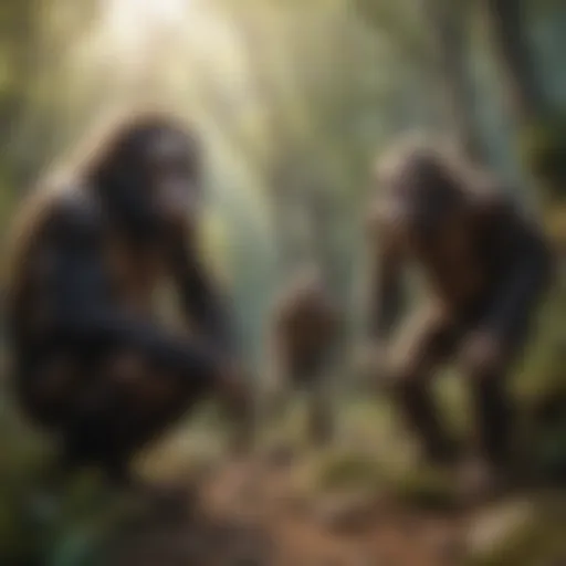 An artistic representation of early hominins in their natural habitat.