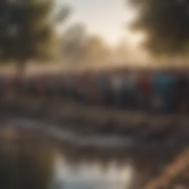 A community gathering around a water source