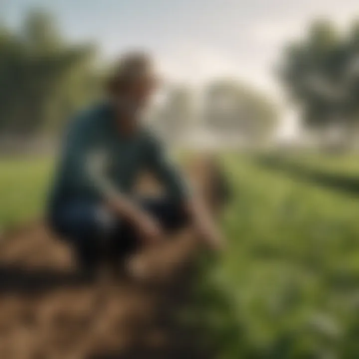 A farmer practicing regenerative agriculture in a green field