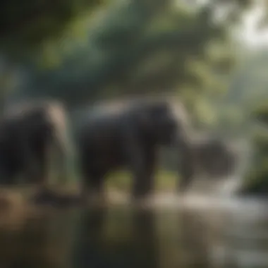 A herd of Asian elephants bathing in a lush riverbank surrounded by dense jungle