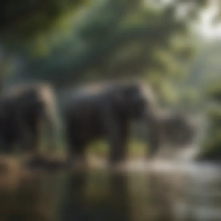 A herd of Asian elephants bathing in a lush riverbank surrounded by dense jungle